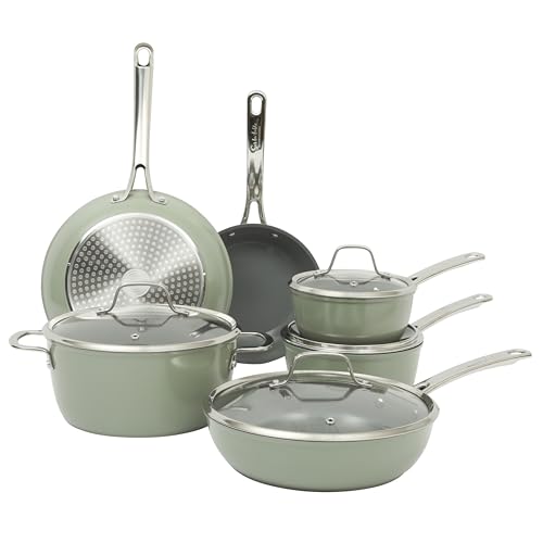 Sur La Table Kitchen Essentials Cool Commune Hard Anodized 10 Piece PFA Free Ceramic Non stick Interior Forged Durable Aluminum Pots and Pans Cookware Set - Green - Induction Compatible