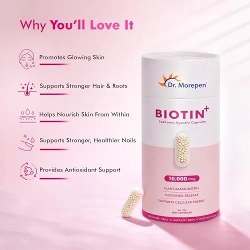 Image of DR. MOREPEN Biotin+ Capsules with 10,000 mcg Pure Sesbania Agasthi Extract for Healthy Hair, Radiant Skin & Stronger Nails - 60N