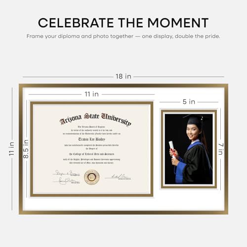 Image of Homeforia 11x18 Bronze Diploma Frame with Photo, High End Metal 11 x 18 Certificate Frame with Mat for 8.5x11 Diploma and 5x7 Picture, 18x11 Award Graduation Frames, Tempered Glass, Wall Kit, Set of 2