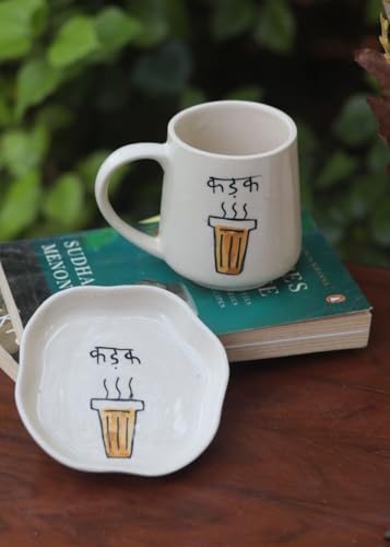 Image of WEAVING HOMES Handcrafted Ceramic Mug 300ml & Dessert Plate (Set of 2, Multicolor) - Coffee Mugs and Dessert Plates for Birthday Gifts, Mugs for Office and Travel