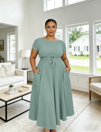 Image of Hostoyo Women Plus Size Formal A Line Maxi Dress Self Tie Waist with Pockets Elegant Round Neck Swing Long Dresses