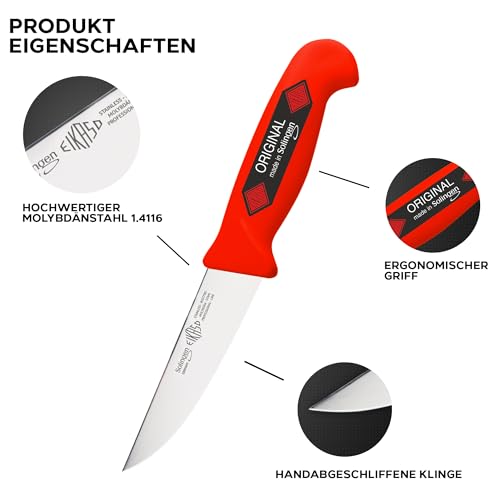 Foto von EIKASO Solingen Germany Stechmesser Rot 10cm Klinge aus Molybdänstahl 1.4116 - Fleischermesser mit scharfer Klinge für vielseitiges Arbeiten - Profi Metzgermesser für Hobby und Profi Metzger