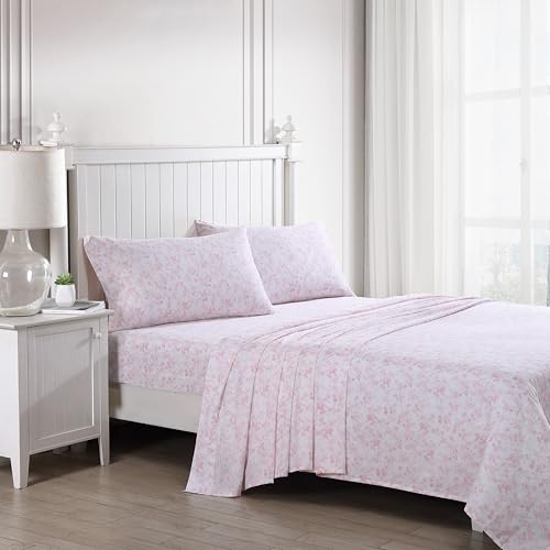 Image of Laura Ashley - Queen Size Sheet Set, Soft Cotton Sateen Bedding with Matching Pillowcases, Fully Elastic Fitted Sheet, Deep Pocket, Floral Room Decor, Silky Smooth All-Season Comfort (Bella Pink)