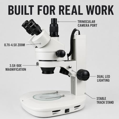 Image of VS-2FZ Trinocular Zoom Stereo Microscope, 0.7X-4.5X Zoom Range, 3.5X-90x Magnification Range, 0.5X & 2X Auxiliary Lens, Dual LED Illumination, Track Stand
