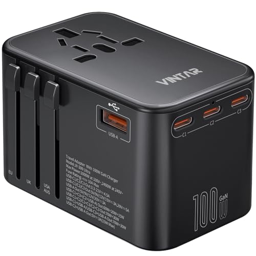 Image of Universal Travel Adapter, VINTAR 100W GaN International Power Adapter with 3 USB C PD and 1 USB A QC, All in One Plug Adapter, Travel Adapter Worldwide for EU /UK /USA /AUS(Type C /G /A /I)