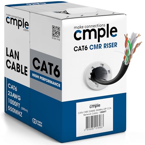 Cmple - Cat6 Cable 1000ft Bulk Lan Ethernet Cat 6 Wire Network UTP 23AWG CMR Riser 10Gbps 550 MHz Pull Box 1000 Feet Black