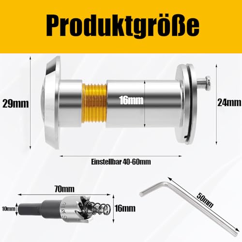 QZKJQDD Türspion, 220° Weitwinkel Optische Glaslinsen, Bohren Mit Tür Spion Ø 16mm, Ring Türspion, Der Türspion ist längenverstellbar und für Türen mit einer Dicke von 40-60 mm geeignet (Silber)