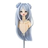 MUZIWIG 1/4 BJD SD Doll Wig For Women Girls, Blue Gray Long Hair with Bun Wig for 1/4 BJD Doll Making Hair Heat Resistant Synthetic Wig for HC 7-7.5 Inch 18-19cm Doll Wig