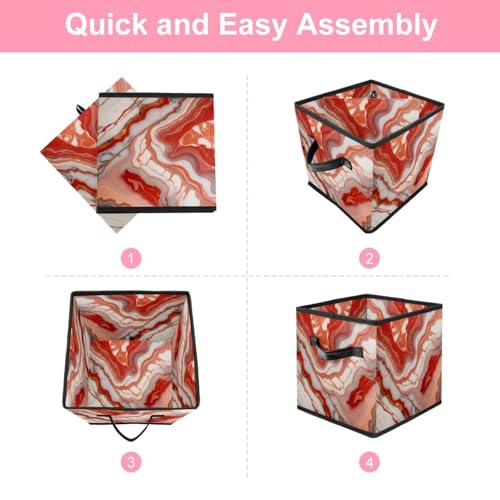 Boîte de rangement pliable texture marbre rouge pour étagères maison - 7