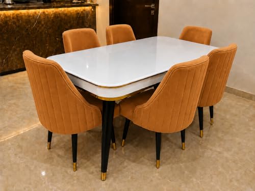 Image of WOODEN SPACE 6-Seater Wooden Dining Table Set | Nano Composite Marble Top | Solid Wood Base | Modern Dining Room Furniture with 6 Chairs (Mustard Infinity Backline)