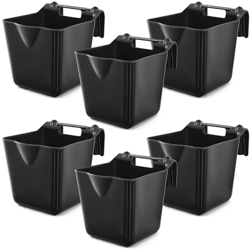 Image of Marsui 6 Pcs 15 Quart Horse Feeders for Stall Hook Over Hanging Fence Hay Feeder Mountable Livestock Plastic Feed Bucket for Farm Stalls Pasture, Stable to Feed Horses Sheep Cattle Cows Etc (Black)