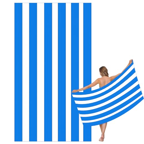 Large Quick Dry Microfibre Beach Bath Towel for Adult,Double Sides Blue White Striped Sand Free Beach Towel with Bag,Lightweight Gym Yoga Sports Towel,Compact Travel Summer Beach Towel for Women Men