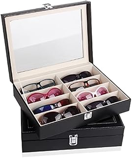 BALLSHOP Sunglasses Organizer Storage Box with Clear Glass PU Leatherette 8 Grid Sunglasses Organizer Box Organizer Eyeglass Display Organiser Eyeglasses Sunglass Storage Case Box for Women & Men