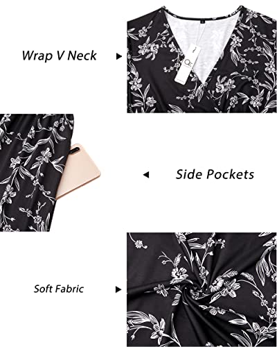 Image of OUGES Casual Summer Dress for Women Wrap V Neck A Line Midi Dresses with Pockets