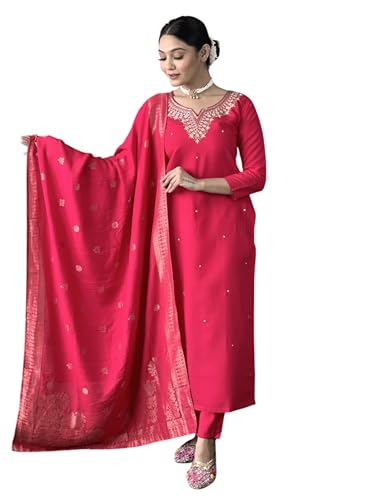 Image of Women's Viscose Chanderi Solid 3 /4 Sleeve Sweetheart Neck Embroidered Kurta, Pant and Dupatta-Dark-pink-JT-043