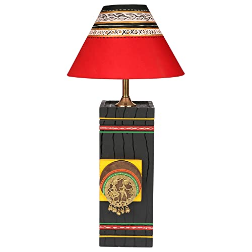 Image of AAKRITI ART CREATIONS MDF Board Table Lamp for Study Room, Bedroom & Living Room Decoration | Dhokra Dhokra Tribal Motif Bedside Lamp with Cotton Fabric Shade | Aesthetic Night Lamp