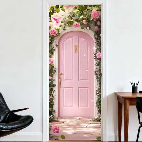 Image of Nuxovilar Pink Rose Door Stickers Peel Stick PVC 30.3x78.7 in Cover | Door Stickers Wall Decals Peel Stick Cover Vinyl Art Poster Bedroom Garden Room Home (Pink Rose)