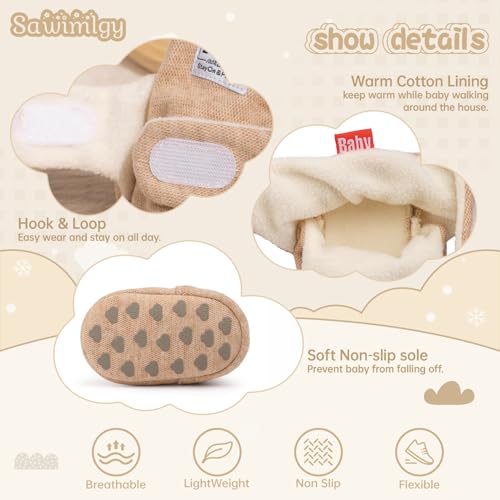 Sawimlgy Newborn Infant Baby Girl Boy Cotton Booties Stay On Sock Slippers Soft Bedroom Shoes Non-Skid Ankle Boots With Grippers Toddler Crib Warm Shoe First Walker Birthday Shower 5