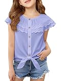 Haloumoning Girls Sleeveless Button Down Shirts Kids Cute Ruffle Doll Collar Blouse Tie Front Tops 5-14Y Purple
