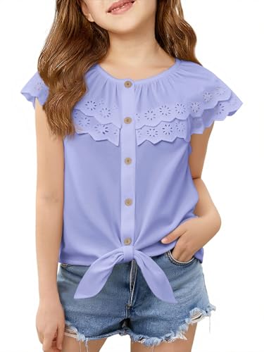 Haloumoning Girls Sleeveless Button Down Shirts Kids Cute Ruffle Doll Collar Blouse Tie Front Tops 5-14Y Purple
