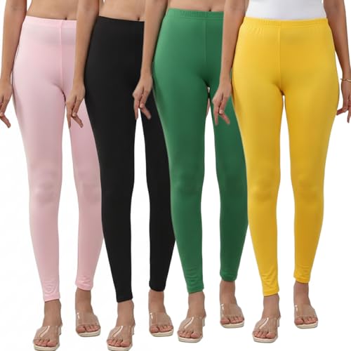 Image of Volex Women and Girls Full Length Leggings | Cotton Spandex /Elastane 4 Way Stretchable | Casual Slim fit Ultra Soft Leggings-Pack of 4