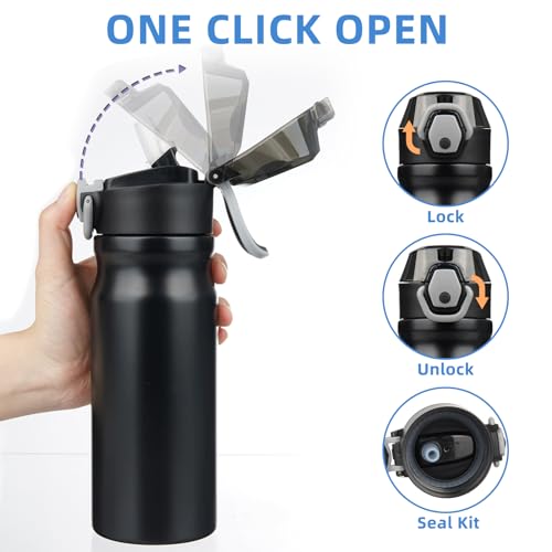 Image of BJPKPK 18 oz Water Bottle with Straw & Handle, Insulated Stainless Flask | Leak Proof Locking Lid, Thermal, Double Wall Vacuum, Keeps Hot /Cold, BPA Free, Dishwasher Safe, Travel & Sports, Black