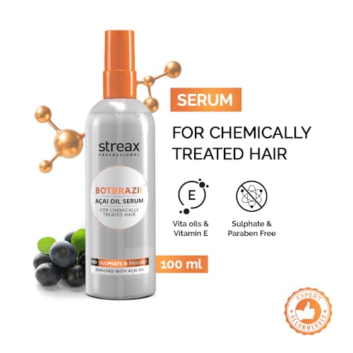 Image of Streax Professional BotBrazil Acai Oil Serum,100ml for Chemically Treated Hair - Keratin, Smoothening which helps to control frizzy hair, dry hair | Hair serum for Women & Men
