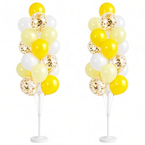 Image of Hiins Balloon Column Kit Set of 2 With Pastel Yellow White Gold Confetti Balloons with Base,Pole,Balloon Tower Backdrop Decoration for Bee Lemon Wedding,Baby Shower,Birthday Party,Bachelorette Party