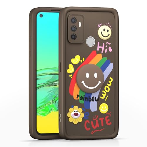 Image of Pikkme Back Cover for Oppo A53 | Soft Silicone| Cute Rainbow Smile & 3D Cartoon Flower Design | Shockproof Raised Camera Protection Bumper Case (Brown)