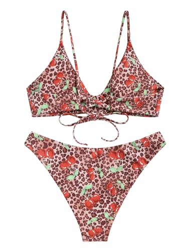Image of ZAFUL Women's Tie Back Padded High Cut Bralette Bikini Set Two Piece Swimsuit