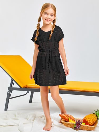 Haloumoning Saída de praia de crochê para meninas, manga curta, vestido longo de praia de 5 a 14 ano