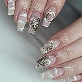 MISUD Extra Long Glossy Acrylic Nails - Moon Clouds Cute False Nails, 24Pcs Coffin Shaped Artificial Glue on Nails for Women & Girls