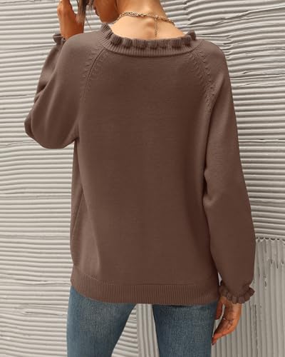 BTFBM Womens Sweaters Fall Winter Clothes 2025 Long Sleeve Button Down Ruffle Crew Neck Casual Knitted Pullover Tops3