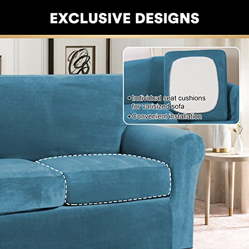 4 Pieces Sofa Covers Stretch Velvet Couch Covers For 3 Cushion Sofa Slipcovers Soft Sofa Slip Covers Furniture Covers With 3 Individual Seat Cushion Covers, Machine Washable (Large, Blue) #TOP4