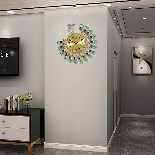 FLEBLE Gold Wall Clock Digital Silent Non Ticking Metal Clocks Crystal Peacock Vintage Art Decoration Wall Clock for Living Room,Bedroom,Kitchen Space 14.96 inch