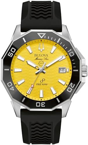 Bulova メンズ マリンスター ハイパフォーマンス クォーツ シリーズ C 腕時計、ブラックシリコンストラップ、イエローダイヤル(スタイル:96B431)