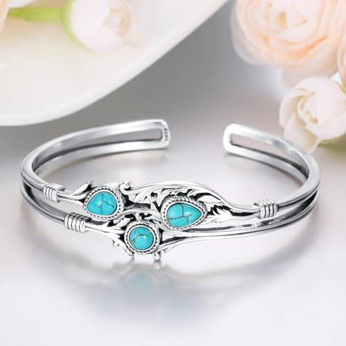 Genuine Turquoise Boho Leaf Bracelet, Sterling Silver Western Adjustable Bangle Cuff Native American Jewelry for Women, Fit for 6.5 7 7.5 Inches 6