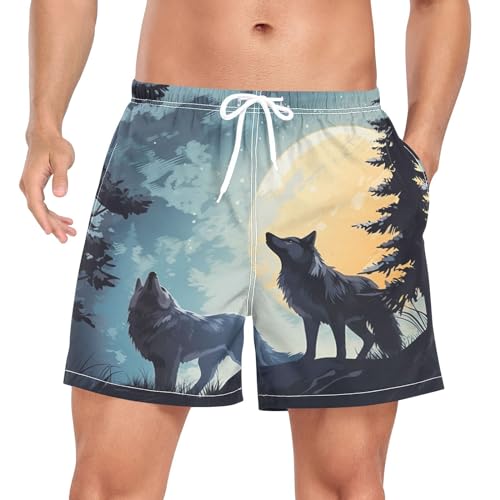 2 in 1 Mens Wolf Swim Trunks 4.7 Inch Swim Shorts Swim Suits Board Shorts（748）