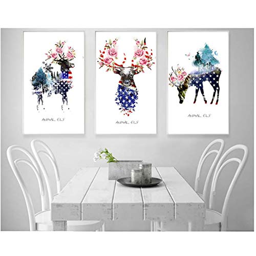 Wapiti aquarelle peintures triple 50x70cm toile murale nature