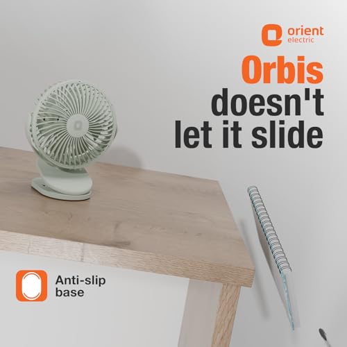 Image of Orient Electric Orbis Rechargeable Personal Fan | 360 Rotation | 1800 mAh Battery | 4 Speed Modes with Timer | Quiet Operation | USB Type-C Charging | Clip-On Mini Fan | Matcha Green