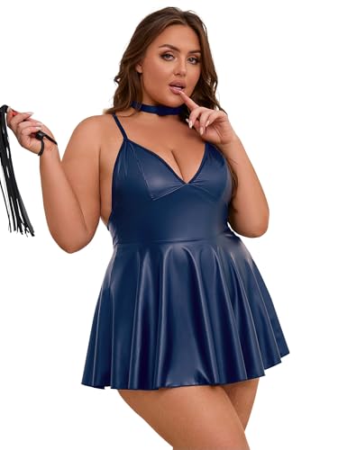 sunshinelady Lederkleid Damen Wetlook Kleid Sexy Große Größen PU Leder Dessous V Ausschnitt Minikleid Rückenfrei Unterwäsche mit Halsband...