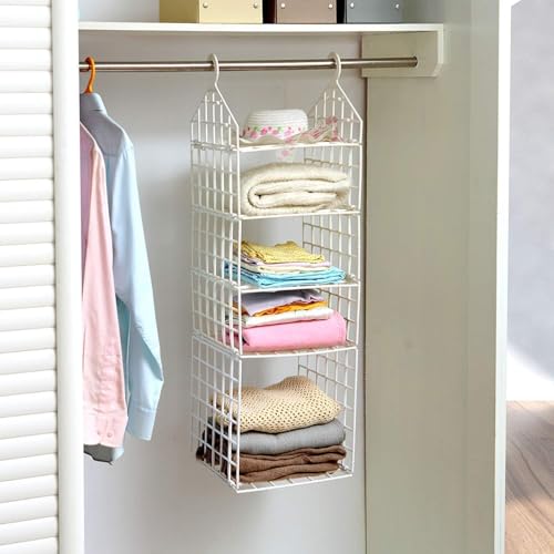 Image of Plastic 5 Layer Folding Clothes Storage Racks Dormitory Closet for Students Wardrobe Shelves Hanging Organizer Storage Holders & Racks, Off-White