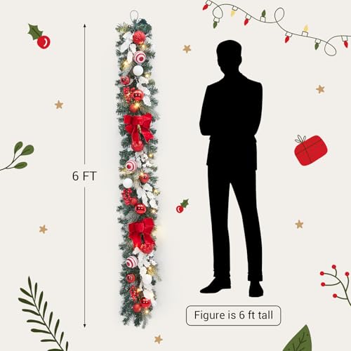 GarveeHome 6 Ft Pre-Lit Christmas Garland, Battery Operated Lighted Xmas Garland with 20 Lights & Timer, Christmas Garlands with Lights for Mantle Table Centerpiece Indoor Outdoor Decor, Red White