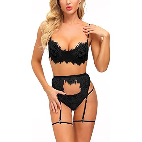 Sexoo Women Sexy Lingerie Set with Garter Belt Strap Bra and Panty Set Lace Teddy Babydoll Nightwear Sleepwear Black, M Cover