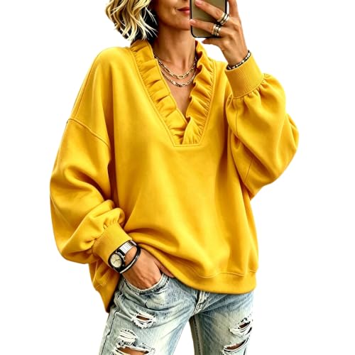 V Neck Sweatshirt Women Fleece Ruffle Oversized Sweatshirts Winter - image 1