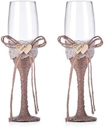 Ula Rustic Wedding Toast Champagne Flutes Bride and Groom Glasses Natural Burlap Twine Wood Heart Rustic Wedding Decoration(Set of 2) (Wood Heart)