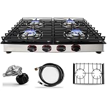 4 Burner Gas Stove Top - 25" Black Tempered Glass Counter Top StoveGas Cooktop, Stainless 4 Burner Cooktop Burners rv stove for Cooking Range Gas W/Hose & Regulator to Connect propane cooktop...