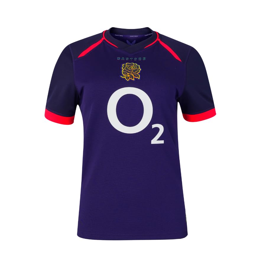 Castore England Rugby Women's Alternate Replica Short Sleeve Shirt, Rhodonite, Maritime Blue, Diva Pink, 20