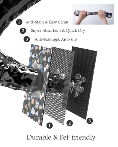 Image of Pet Feeding Mat-Absorbent Dog Mat for Food and Water Bowl-No Stains Quick Dry Water Dispenser Mat-Dog Accessories Pet Supplies-Bowl for Messy Drinkers（DARKFLOWERS,12 inchx19 inch