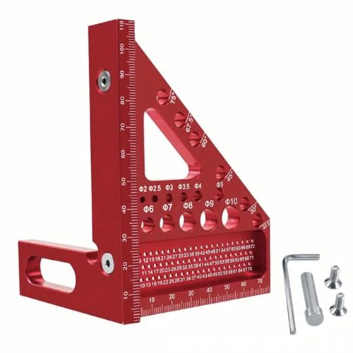 Escuadra de Carpintero 3D Multifuncional, Regla de Medición de Aleación de Aluminio, 85mm x 79mm, Ángulos 22.5-90 Grados, Rojo